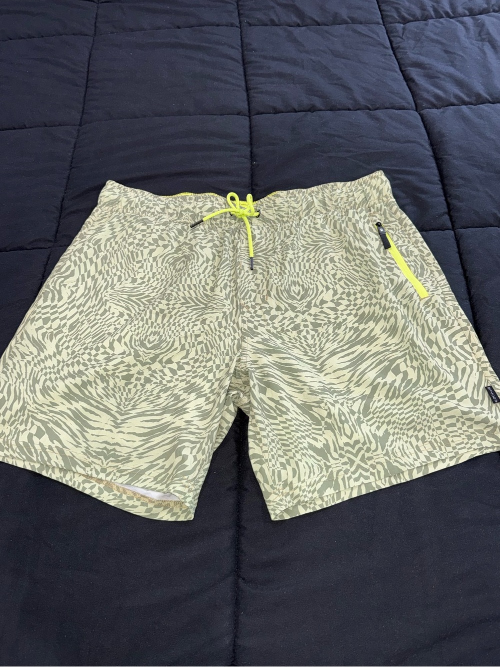 Men's Olive Pattern Swim Shorts with Neon Yellow Accents